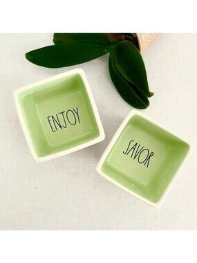 Rae Dunn Savor Enjoy Green Square Bowl Set of 2 Ceramic Snack Dip Condiment Dish